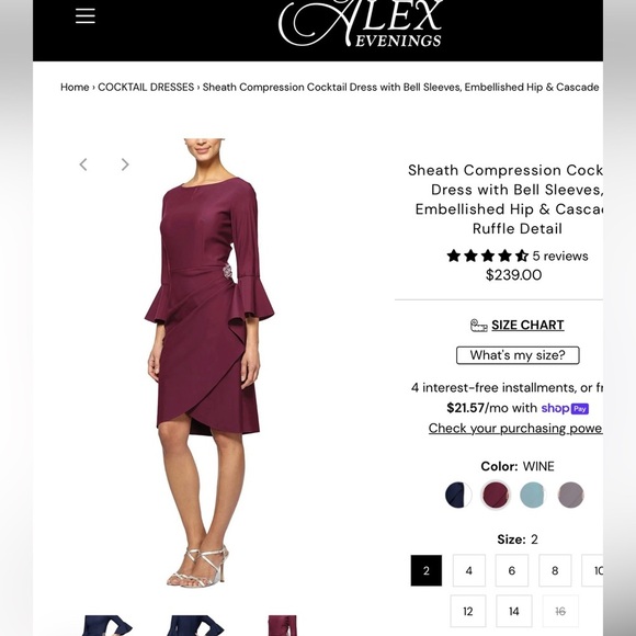 Elegant dress size 8 , wine color, bell sleeves with gathering on side hip - Picture 4 of 6